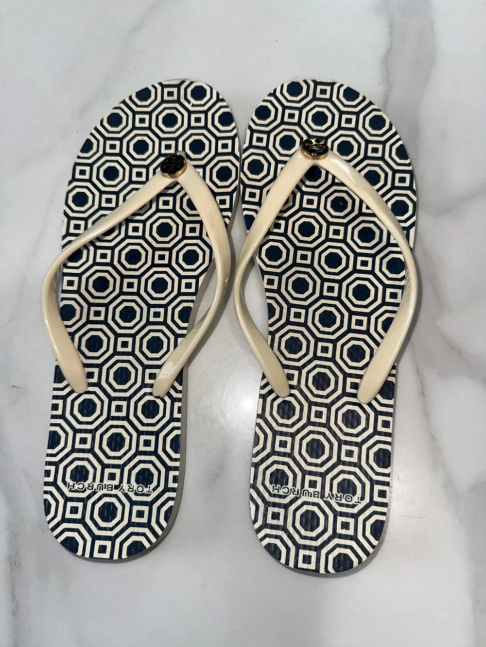 Tory Burch Navy Geometric Print Flip Flops with Cream Straps